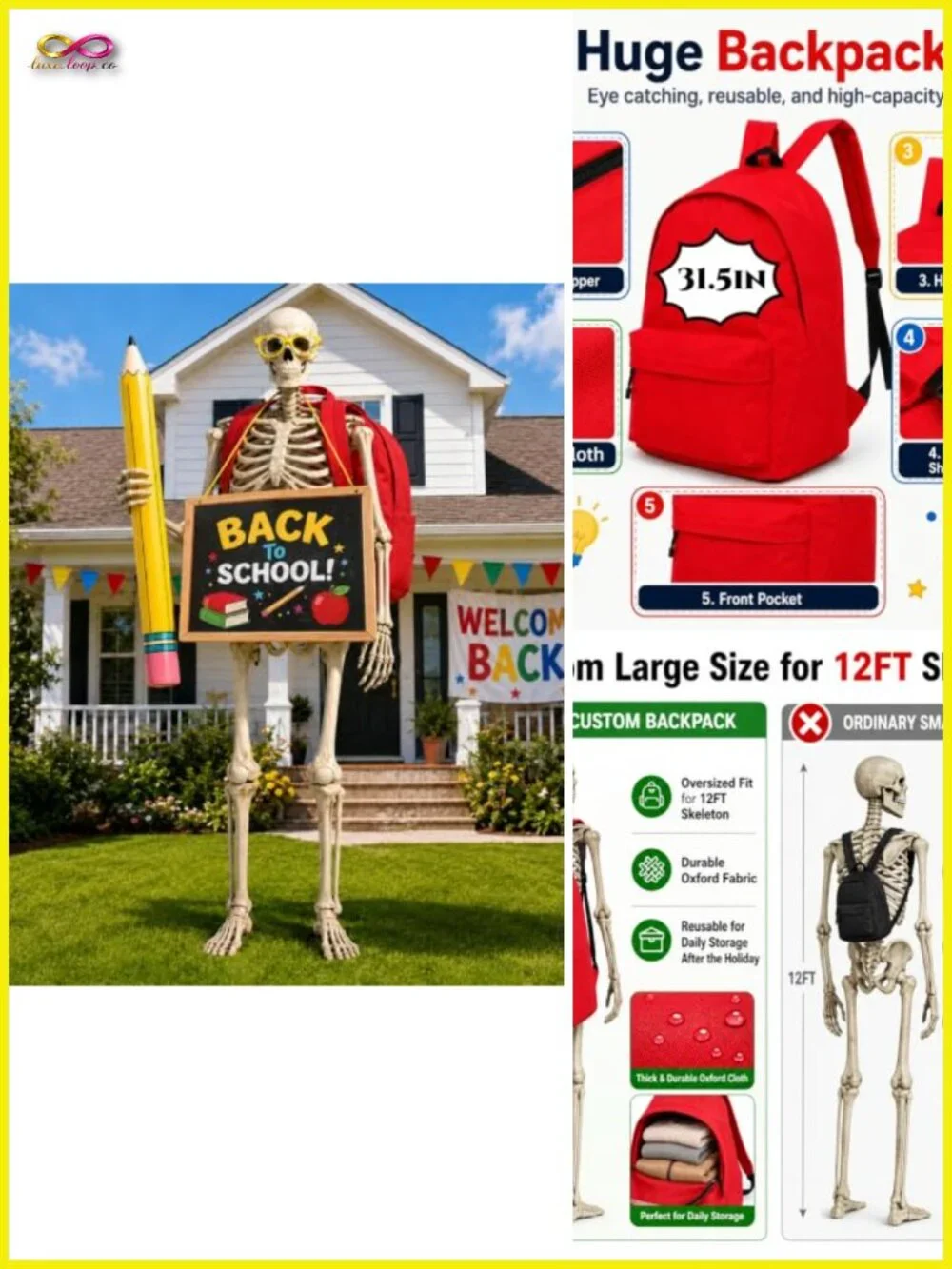 12ft Skeleton Back to School Costume with Backpack, Sign, Glasses & Pencil